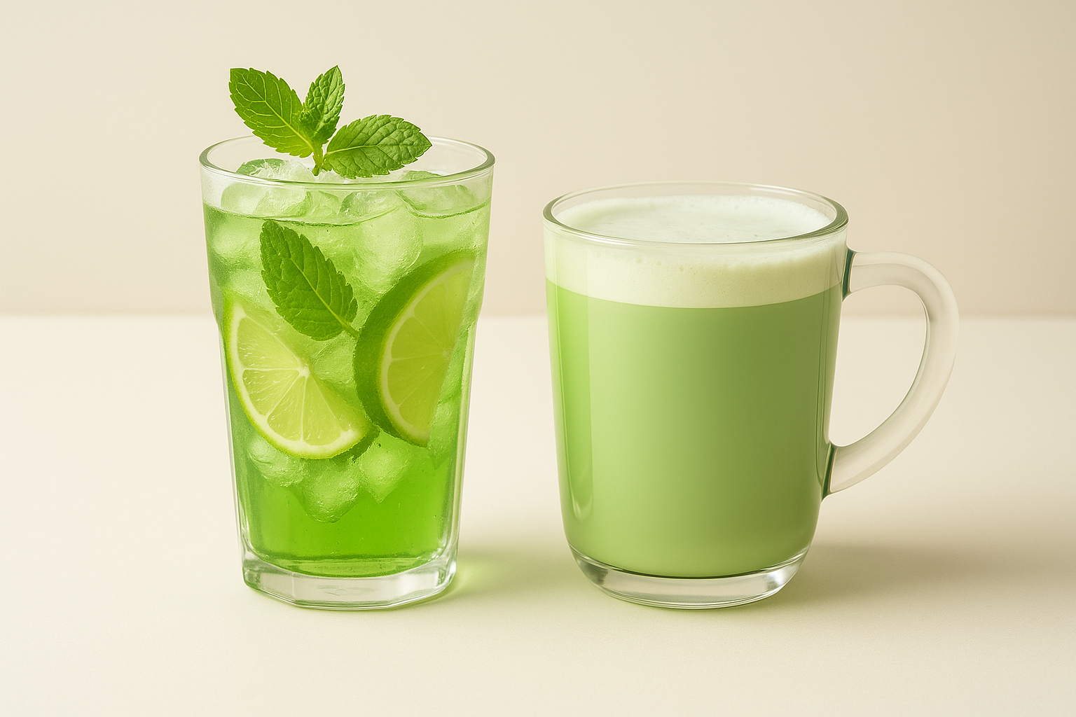 Two mint-based drinks—one a refreshing iced mojito with mint and lime, the other a creamy mint latte—served in clear glasses on a bright background
