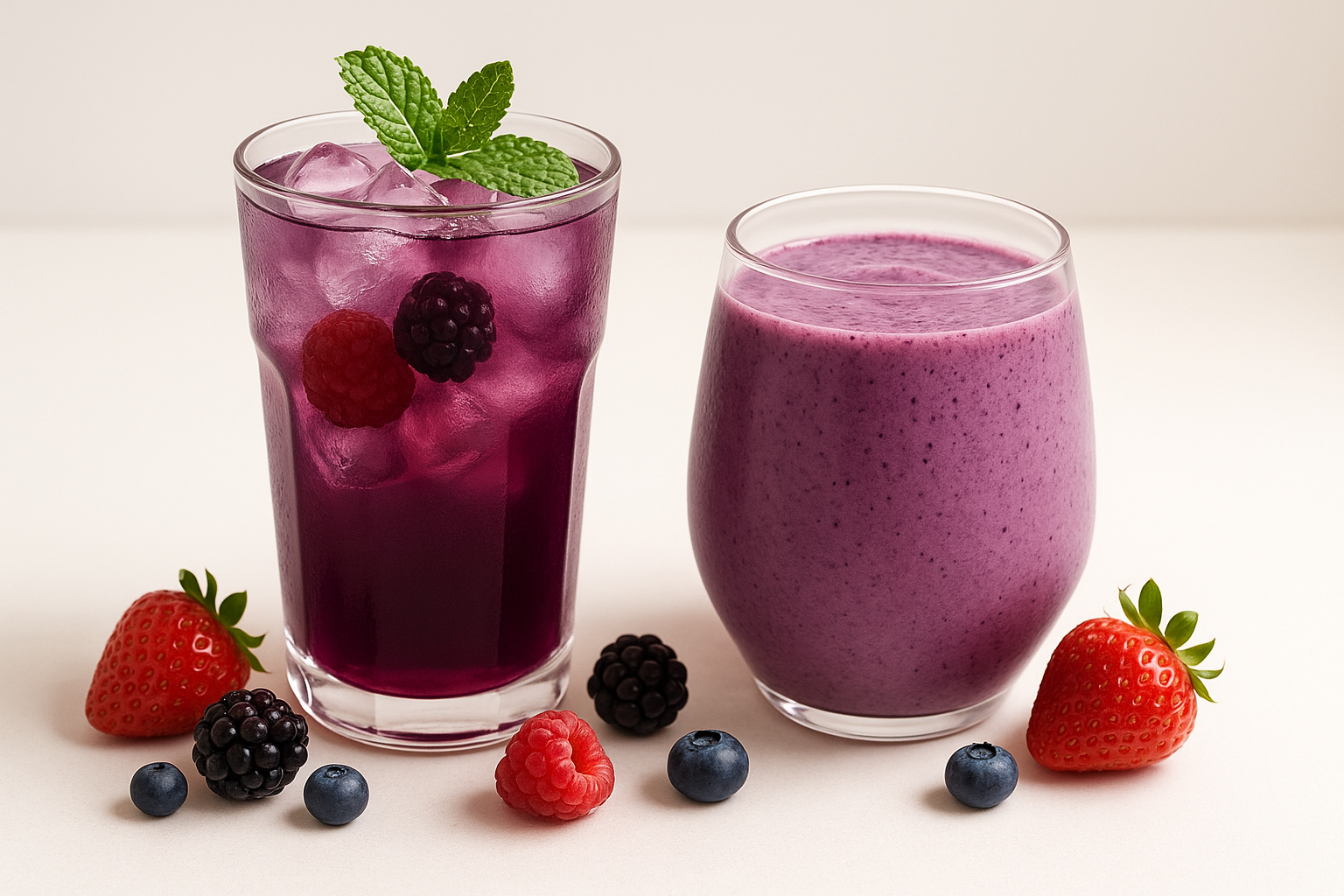 Two mixed berries drinks—one a bright purple iced tea with mint and berries, the other a creamy berry smoothie—served in clear glasses on a bright white background