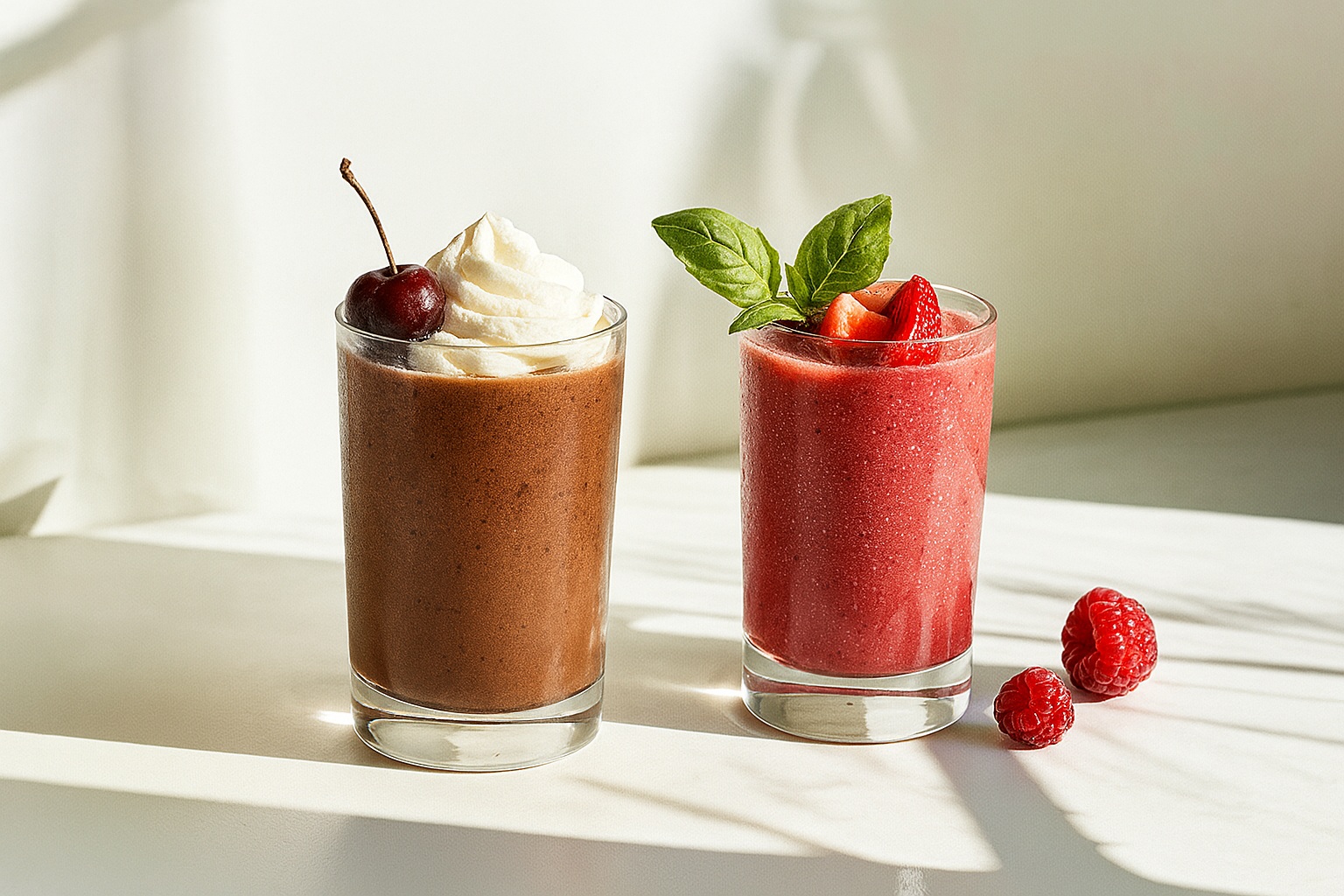 Two beverages side by side on a white surface: one mocha frappé topped with whipped cream and a cherry, and one berry smoothie garnished with strawberries and basil leaves, with fresh raspberries nearby.