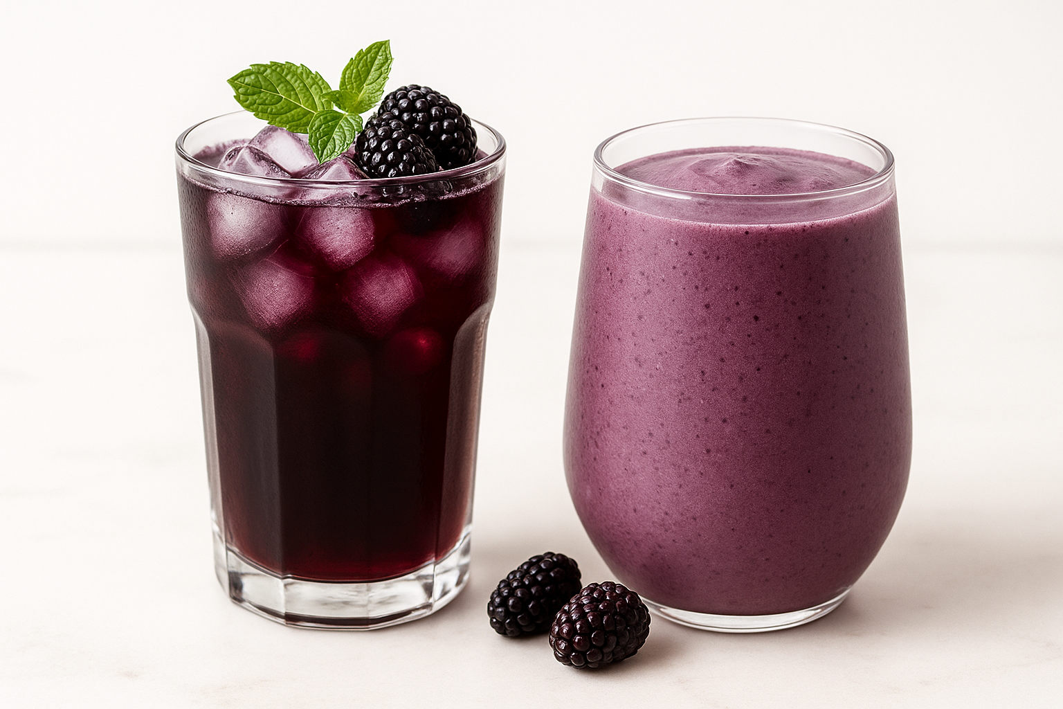 Two mulberry-based drinks—one a dark purple iced tea with mint and berries, the other a creamy mulberry smoothie in a clear glass—served on a bright white background