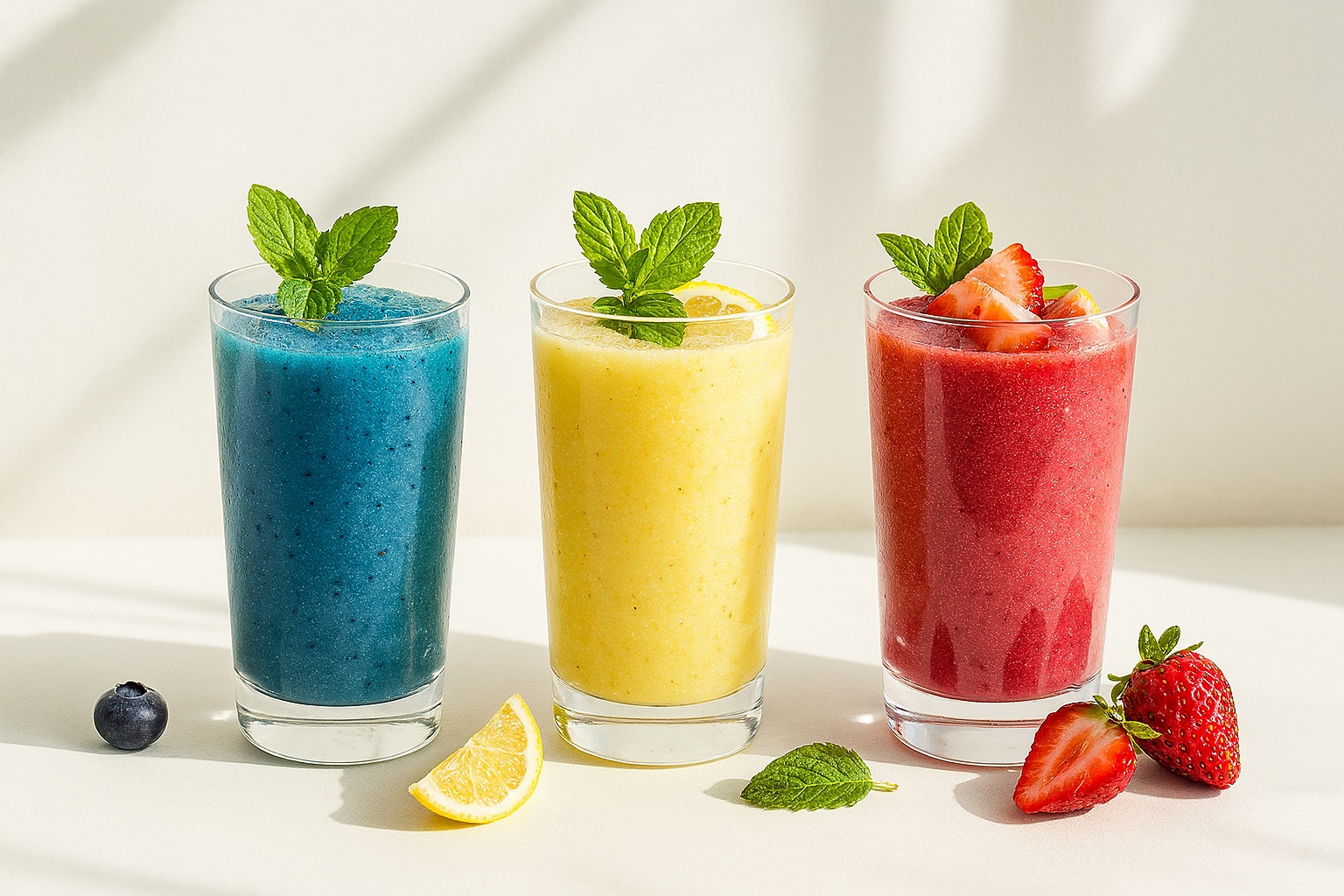 Tres batidos vibrantes hechos con polvo de color natural, servidos en vasos altos y decorados con menta, limón, arándano y fresa sobre una superficie blanca.