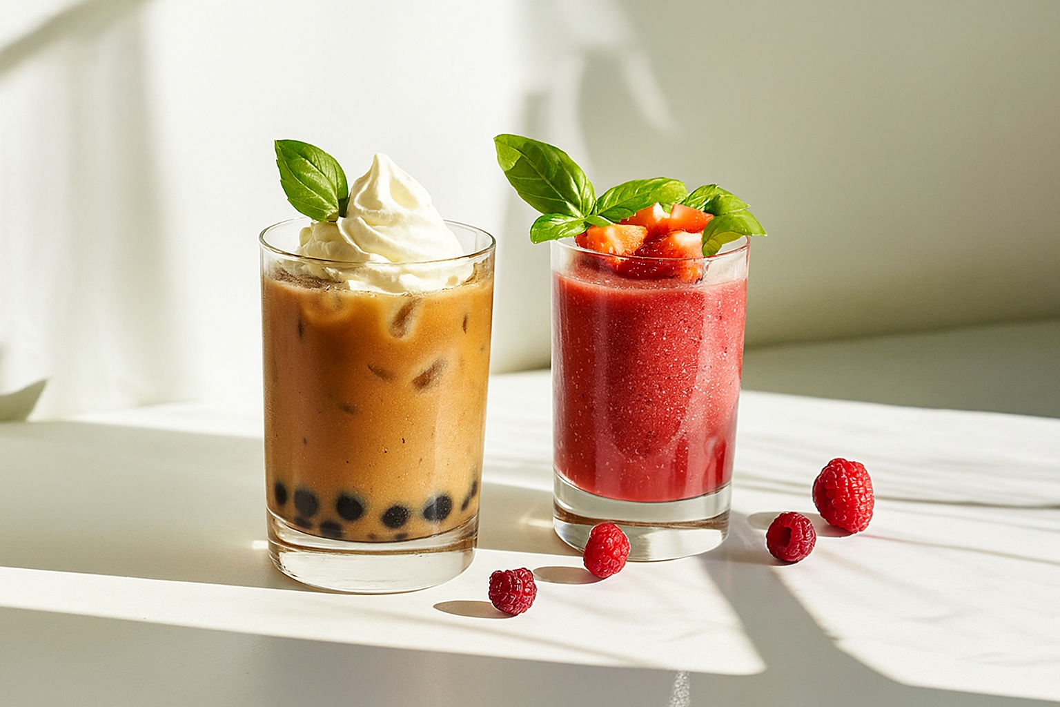 Dos bebidas sobre una superficie blanca iluminada por el sol: un té con leche de azúcar morena helado estilo Okinawa con perlas de tapioca y crema batida, y un batido de frutas rojas decorado con fresas y hojas de albahaca.