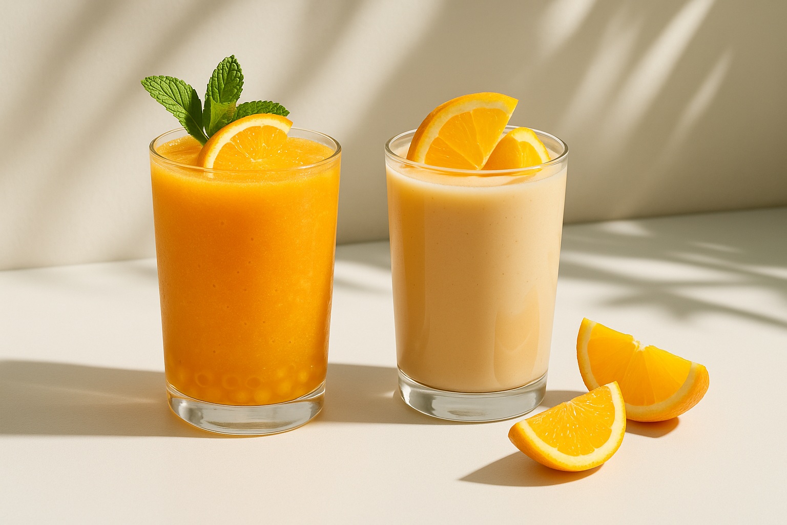 Two vibrant orange-flavored drinks: a refreshing smoothie with popping boba and a creamy milk tea topped with citrus slices, styled on a sunlit white surface with scattered orange wedges.