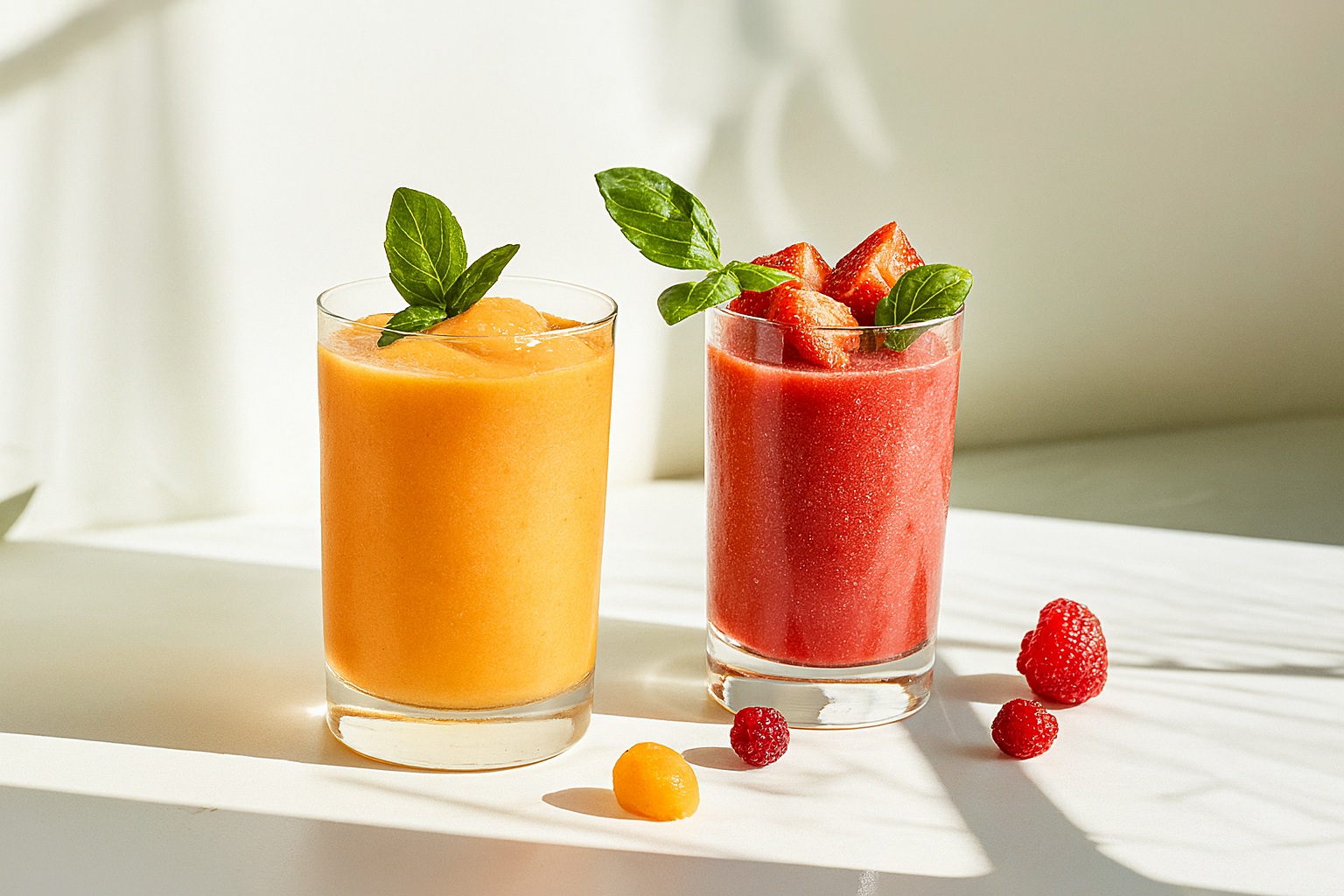 Dos batidos de frutas sobre una superficie blanca iluminada por el sol: uno brillante de papaya naranja adornado con albahaca, y otro batido de bayas rojas cubierto con fresas y hojas de albahaca, con frambuesas frescas cerca.