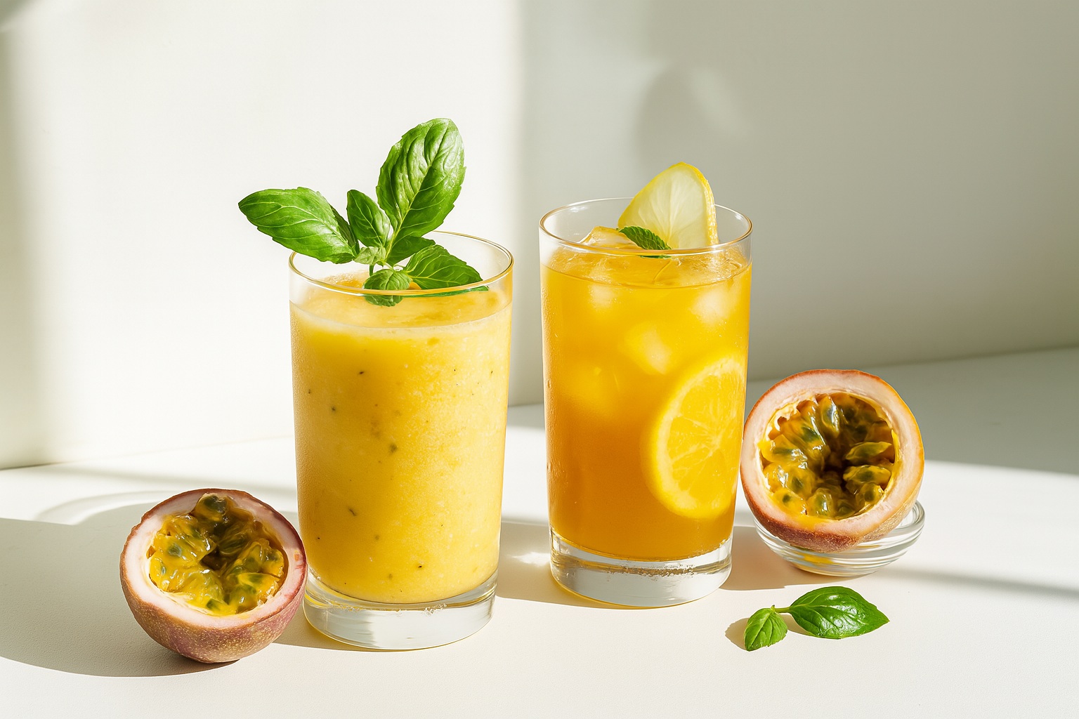 Two passion fruit-based drinks in clear glasses—one a vibrant yellow smoothie garnished with basil, the other an iced tea with lemon slices and fresh mint—served with halved passion fruit under soft natural sunlight.