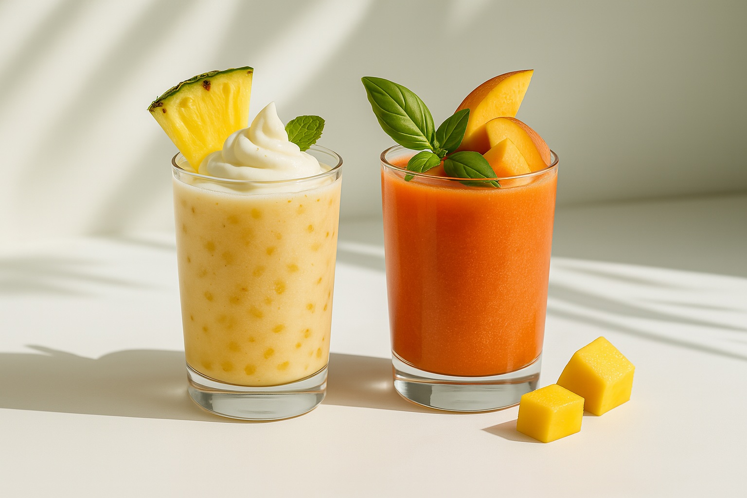 Two vibrant passion fruit-based beverages in clear glasses, one with creamy foam and mint, the other bright orange with basil and citrus garnish, styled on a light background with soft shadows.