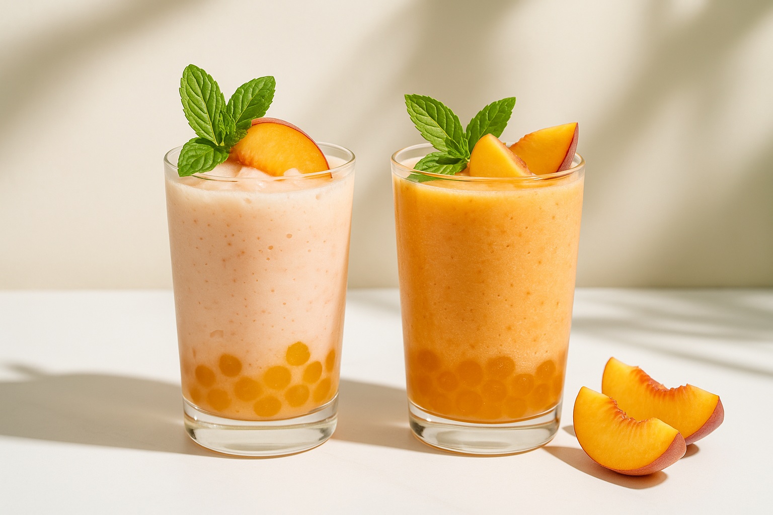 Two refreshing peach smoothies with peach popping boba and mint garnish in clear glasses on white surface.