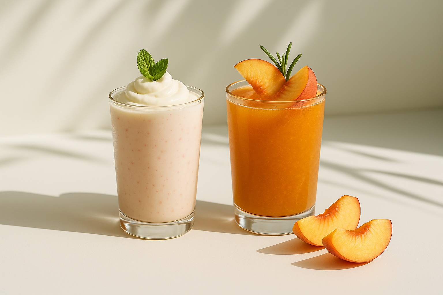 Two peach-colored smoothies in clear glasses, garnished with peach slices and mint, set on a sunlit cream background.