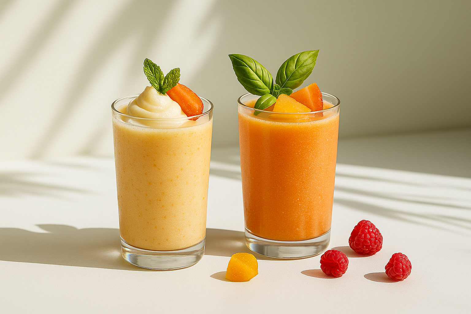 Two peach-flavored beverages on a white surface, one topped with whipped cream and mint, the other with basil and peach slices, with scattered fruit pieces nearby.