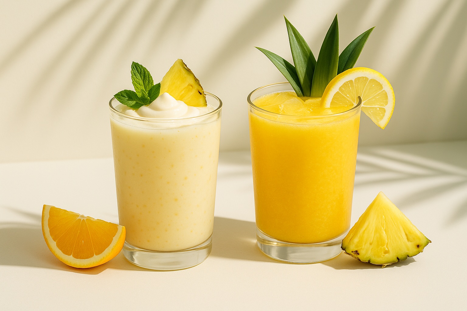 Two bright yellow pineapple-based drinks in clear glasses, one topped with whipped cream and a pineapple slice, the other with a lemon wedge and pineapple leaves, surrounded by fresh citrus and tropical shadows