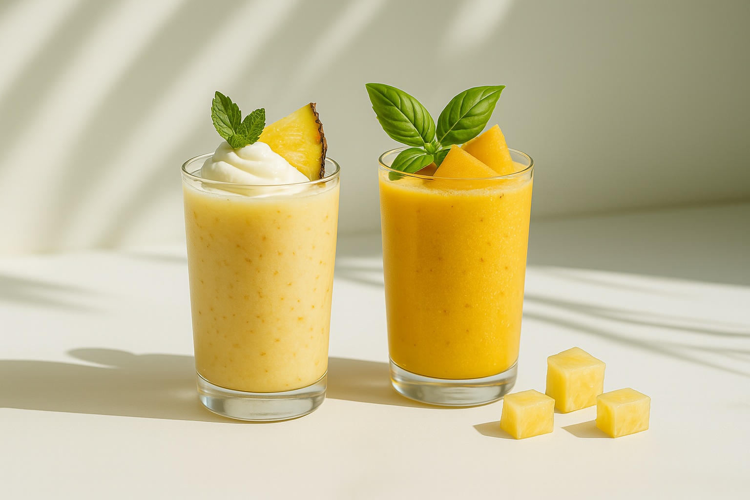 Two vibrant pineapple jam drinks in tall glasses, one creamy yellow and the other icy golden, garnished with pineapple chunks and mint leaves on a sunlit neutral background.