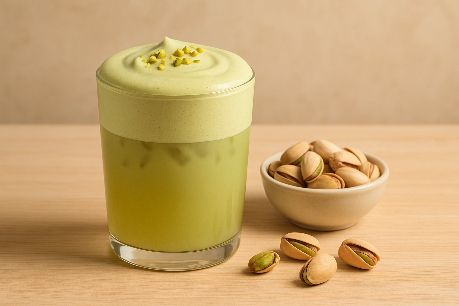 Bubble tea and fruit tea topped with creamy pistachio milk foam made from pistachio milk foam powder, served in clear glassware