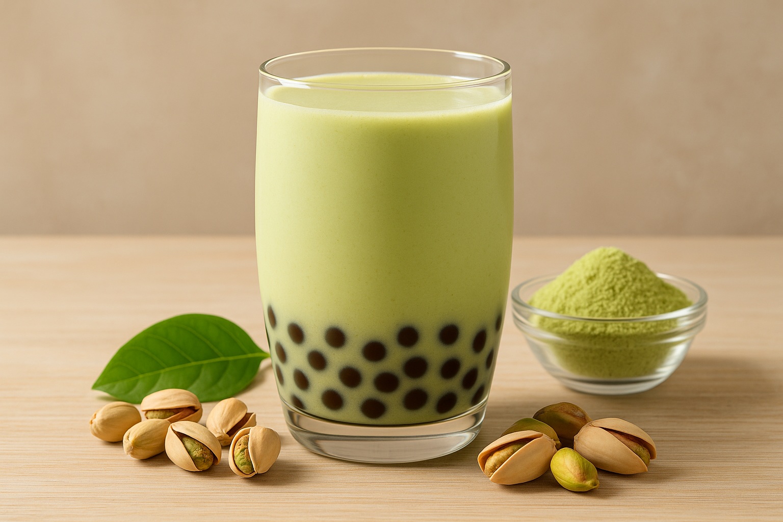Assorted pistachio powder drinks including bubble tea with tapioca pearls, pistachio latte, smoothie, and milkshake in clear glasses on a wooden counter