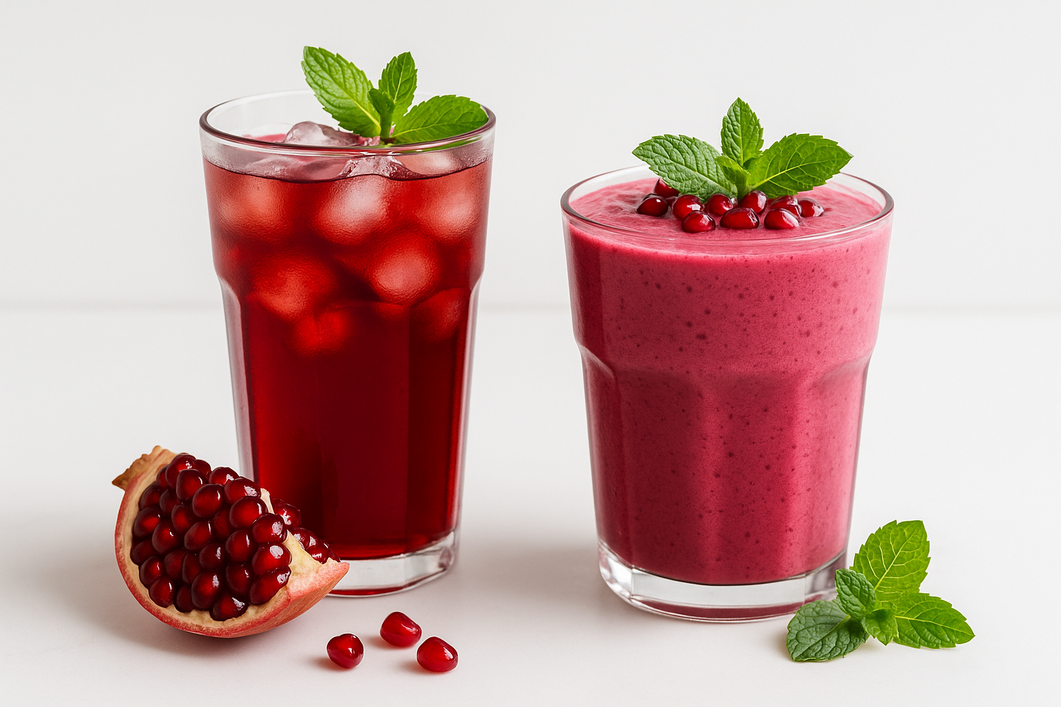 A glass of pomegranate iced tea and a pomegranate smoothie topped with seeds and mint leaves on a bright white surface