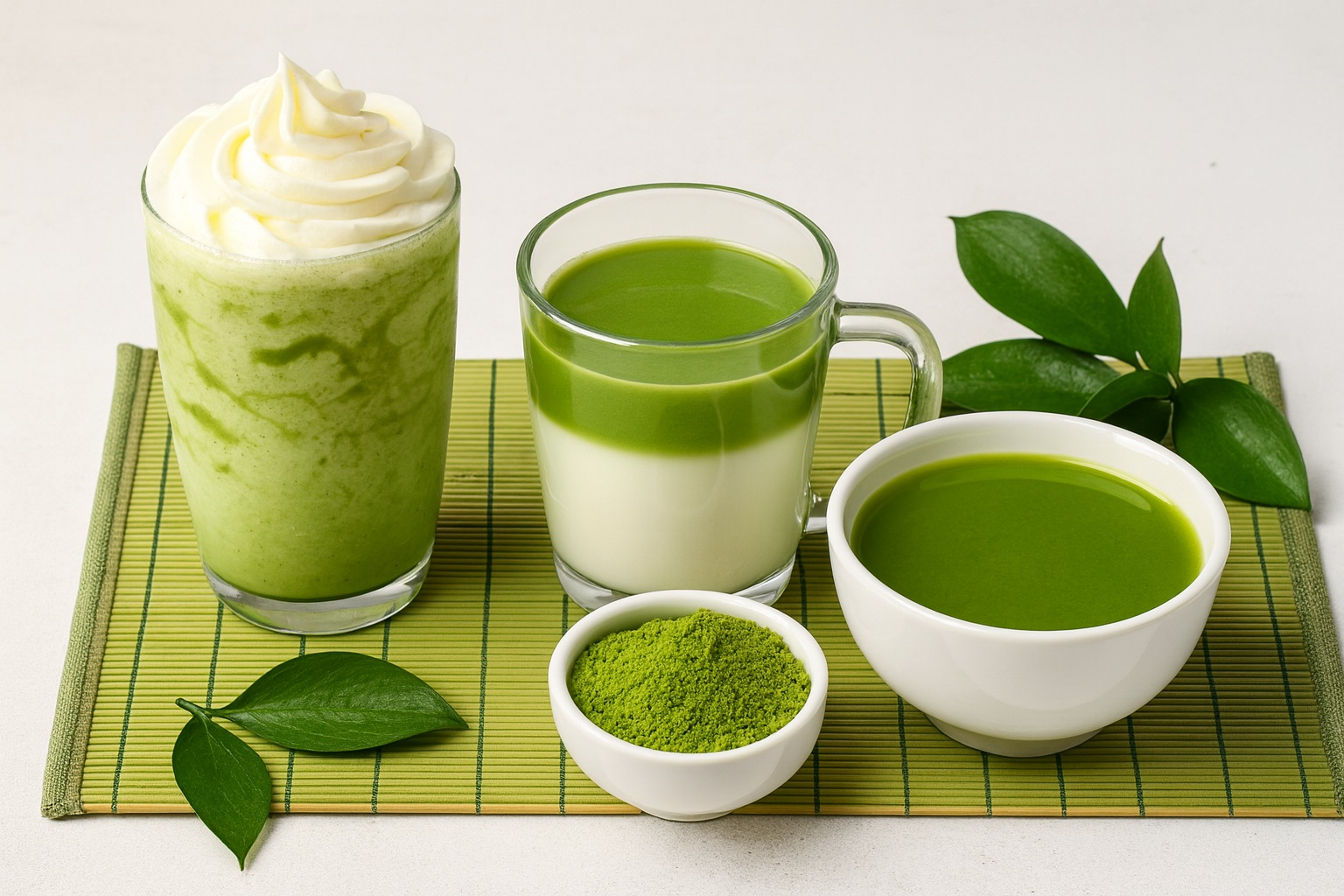 Three pure matcha beverages including a smoothie with whipped cream, a layered matcha latte, and a traditional matcha tea bowl with matcha powder on a bamboo mat