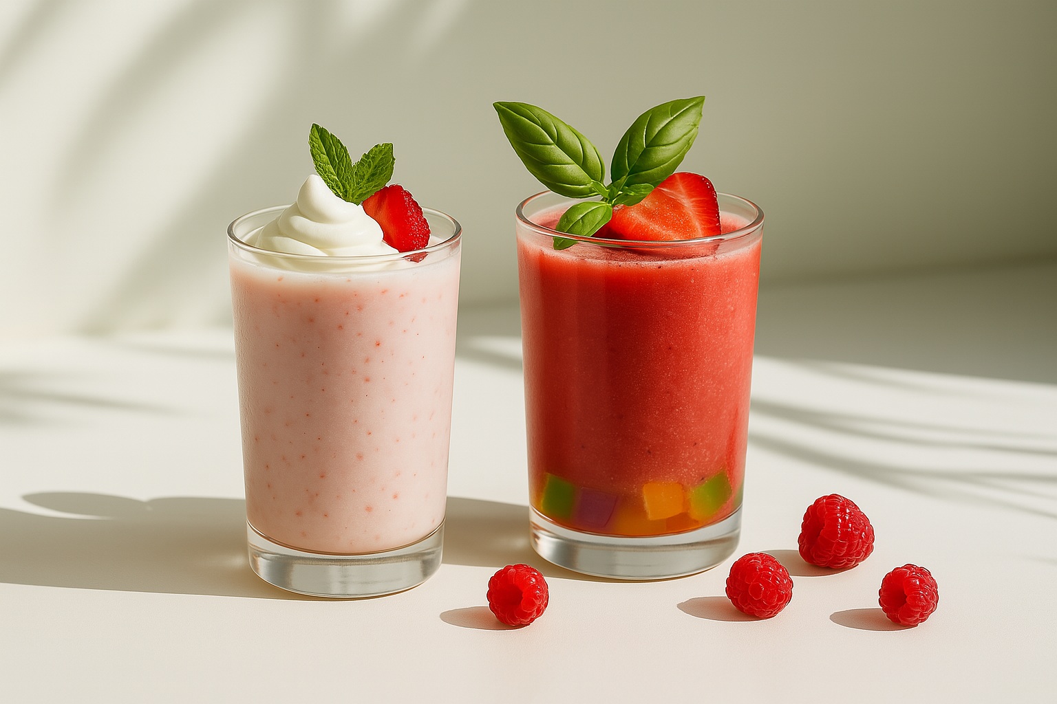 Two colorful fruit smoothies in clear glasses topped with fresh strawberries and herbs, with rainbow jelly cubes visible in the red drink, set on a sunlit white surface with scattered raspberries.      詢問 ChatGPT