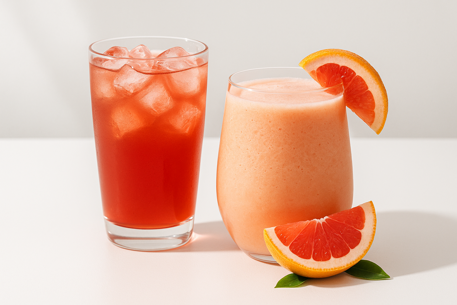 Two grapefruit-based drinks—one a refreshing pink grapefruit iced tea with ice cubes, the other a smooth grapefruit smoothie with slices of fresh grapefruit—served in clear glasses on a clean white surface