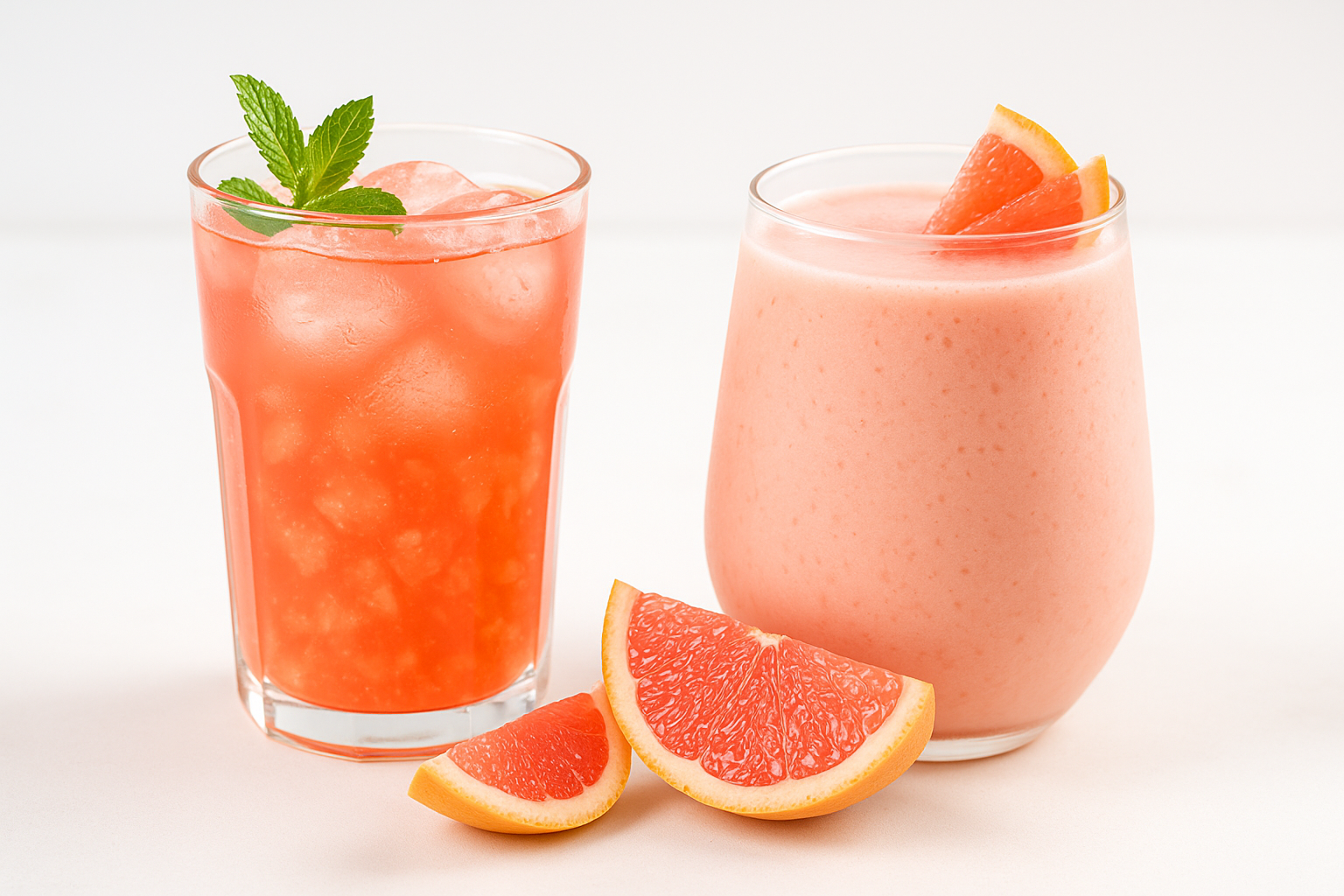 Two red grapefruit drinks—one a pink grapefruit iced tea with pulp and mint, the other a creamy grapefruit smoothie served with fresh slices—on a bright white background