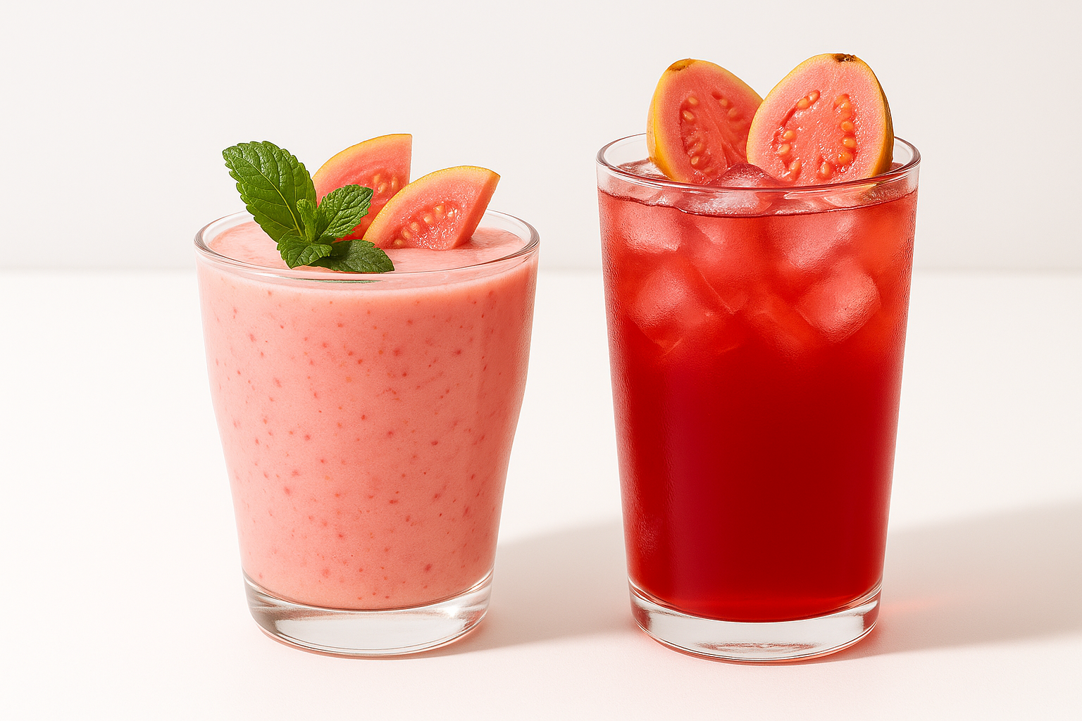 Two red guava drinks—one a creamy light pink guava smoothie with guava slices and mint, the other a ruby-red iced guava tea in a clear glass—served on a bright white background