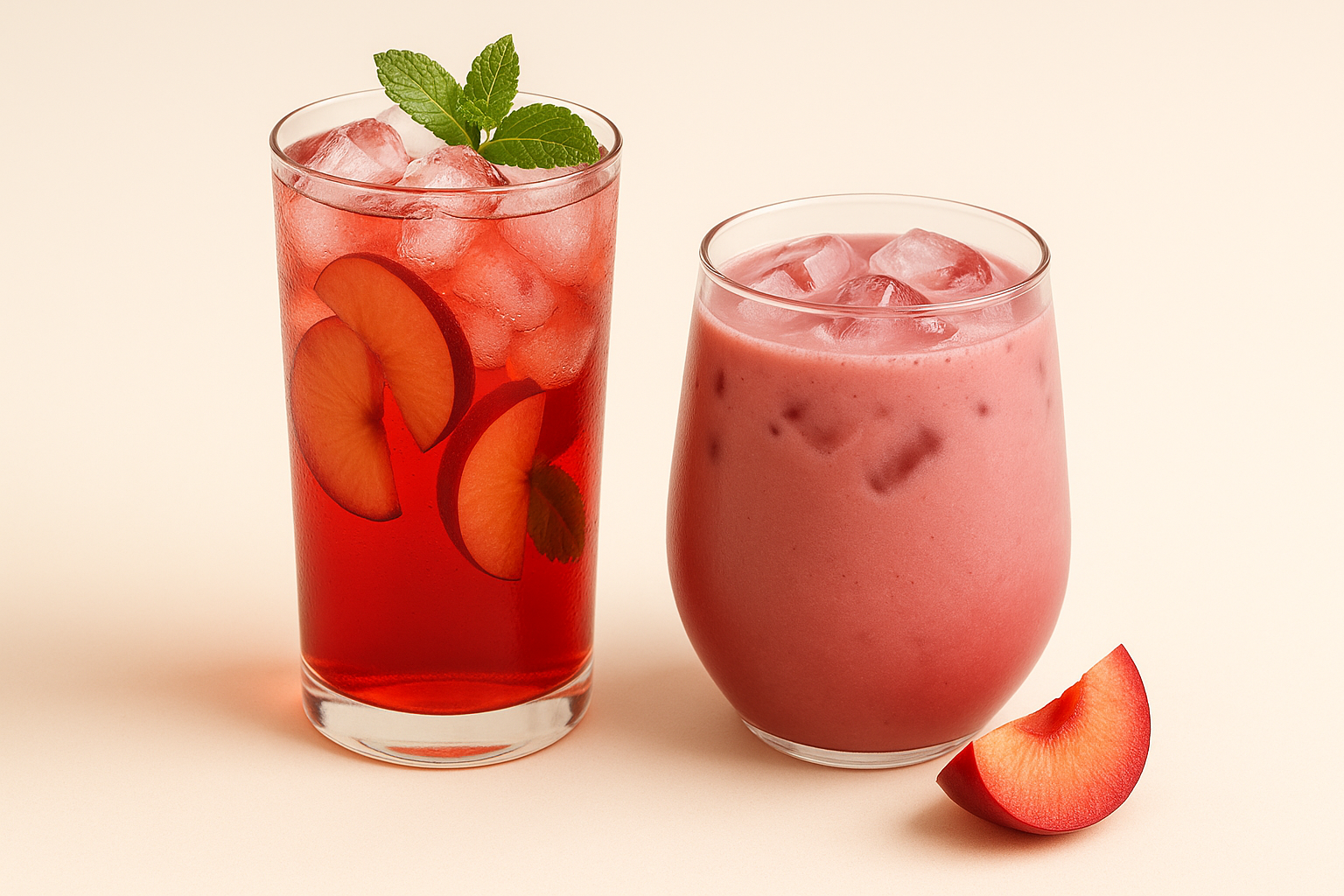 Two red plum-based drinks—one a sparkling iced plum soda with slices of plum and mint, the other a creamy plum milk tea with ice—served in clear glasses on a bright neutral background