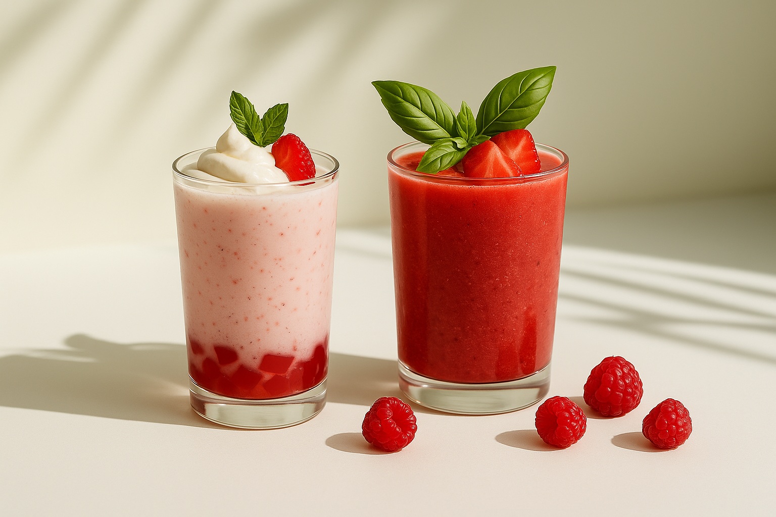 Refreshing raspberry-based beverages made with raspberry jelly, served in clear glasses with vibrant fruit toppings and soft natural lighting.