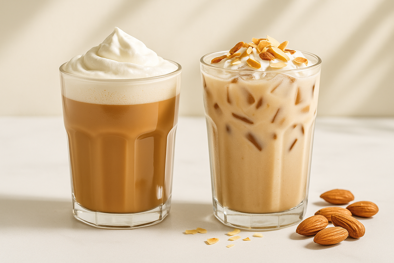 Two roasted almond drinks in clear glasses—one a roasted almond latte topped with whipped cream, the other an iced roasted almond milk tea with almond flakes—set on a white surface with natural light and almonds nearby.
