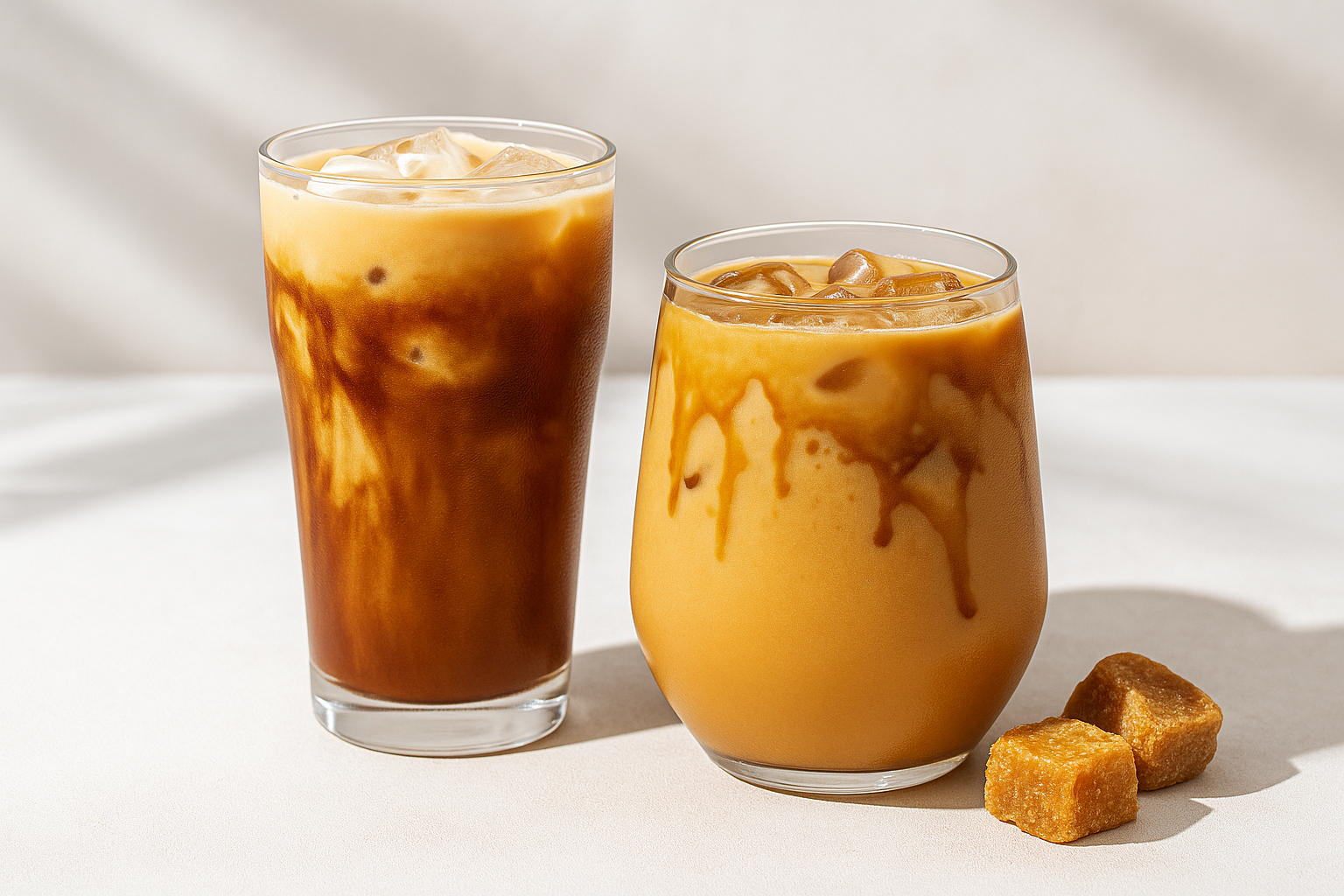 Two beverages made with roasted cane sugar syrup—one roasted sugar milk tea and one iced roasted sugar latte—served in clear glasses with a warm golden tone on a white surface in natural light.