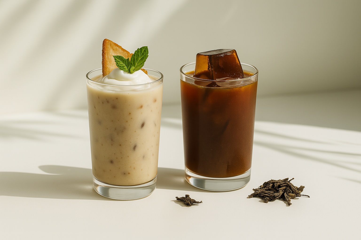 Two iced roasted oolong tea beverages served in tall clear glasses, one topped with creamy foam and the other with a tea leaf garnish, displayed on a bright surface with soft shadows.