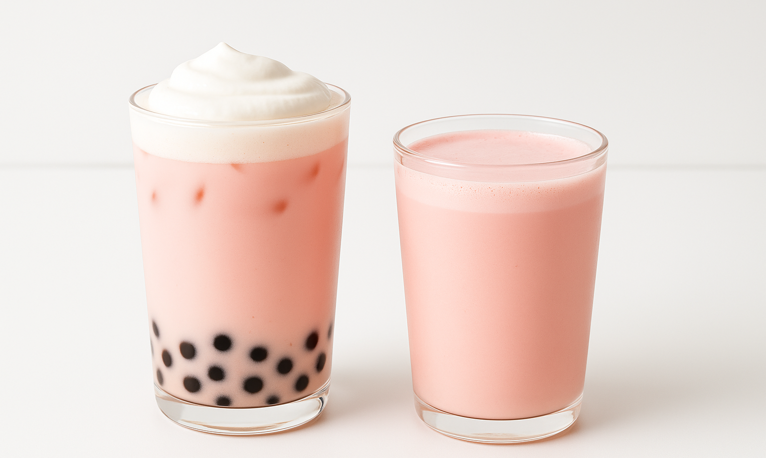 Two rose-flavored drinks—one a pastel pink rose milk tea topped with cream, the other a rose latte—served in clear glasses on a bright white background.