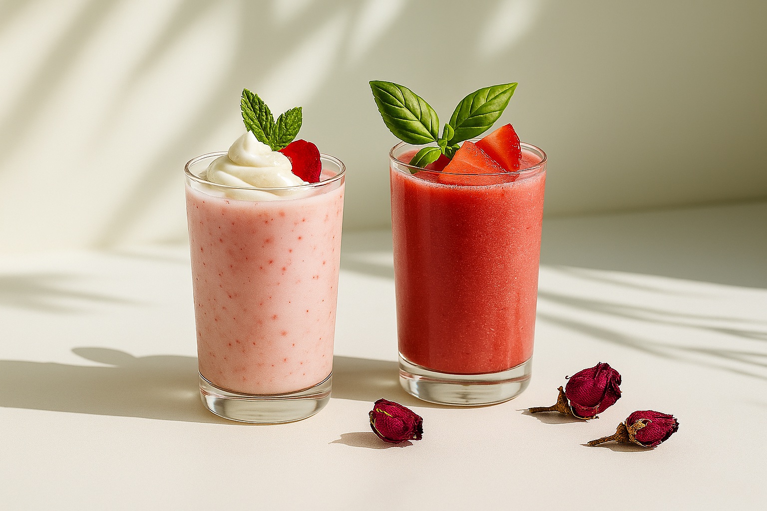 Two elegant rose-inspired beverages: a pastel pink rose tea smoothie with whipped topping and mint, and a vibrant ruby iced tea with basil and rose petal garnish, surrounded by dried rosebuds on a sunlit surface.