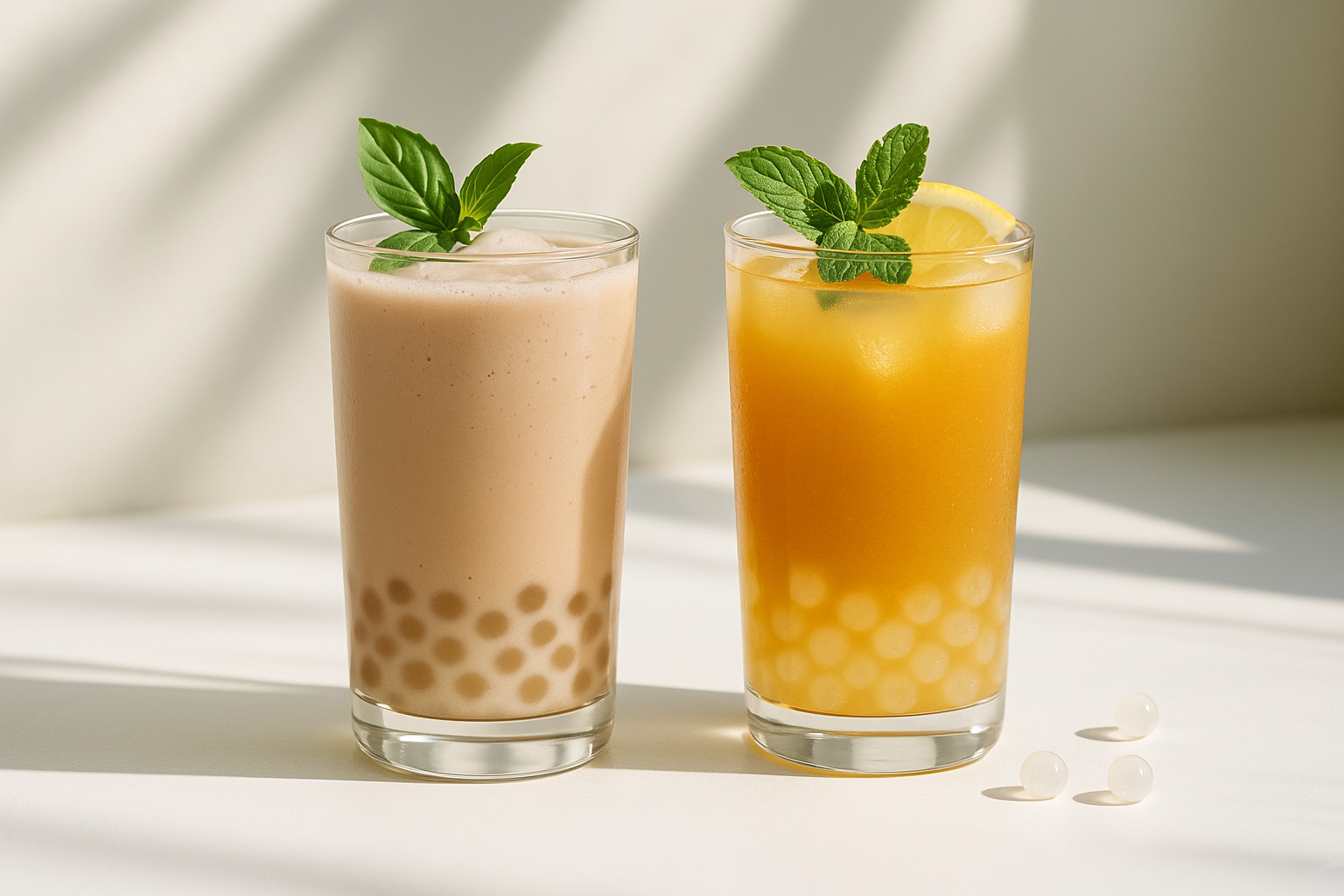 Two refreshing beverages made with sago pearls, served in clear cups on a light blue table with fruit garnish and mint leaves.