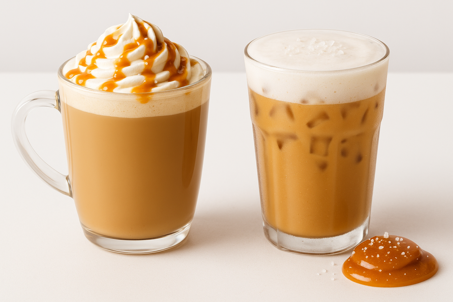 Two sea salt caramel drinks—one a creamy caramel latte topped with whipped cream and drizzle, the other an iced salted caramel milk tea with foam—served in clear glasses on a white background.