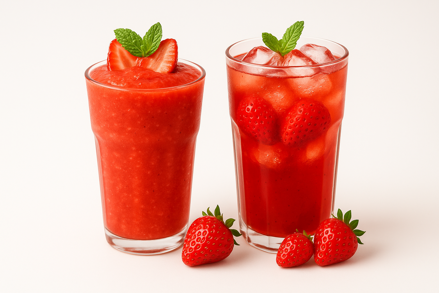 Smashed Strawberry Syrup used in drinks—one a rich strawberry smoothie with fruit pulp, the other a refreshing iced tea with strawberry pieces—served in clear glasses on a white background