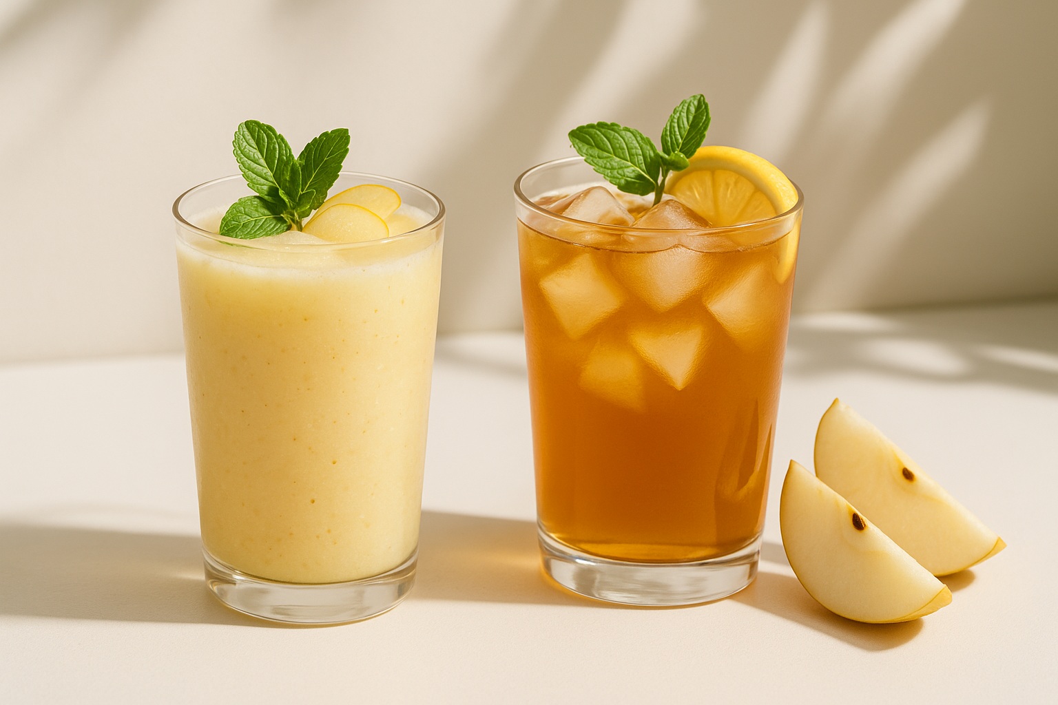 Two pear-based beverages in clear glasses—one a creamy snow pear smoothie garnished with mint, the other a golden iced pear tea with lemon slices and ice cubes—presented on a white surface with soft sunlight and fresh pear wedges.