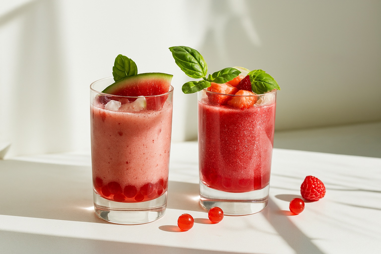 Two strawberry-themed bubble tea drinks with Strawberry Popping Boba, garnished with fresh strawberries and mint leaves, captured in soft natural light on a white surface.