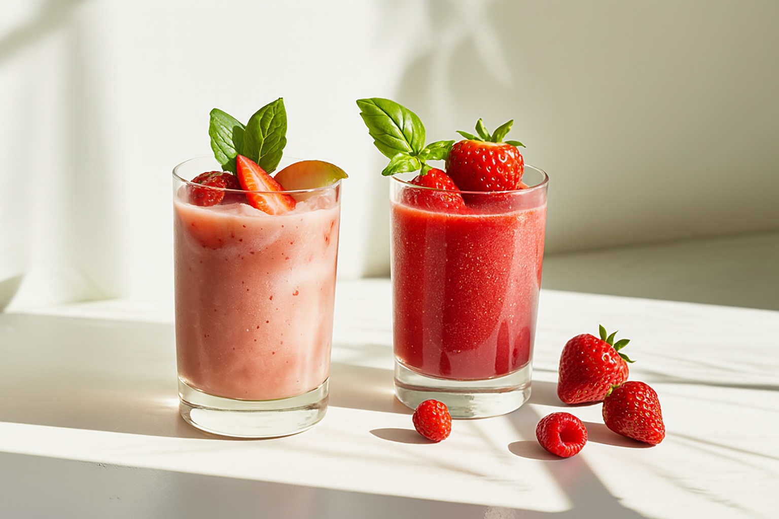 Two strawberry-based drinks—one a creamy pink smoothie with sliced strawberries and mint, the other a bright red iced strawberry tea garnished with whole strawberries—served in clear glasses on a sunlit white surface