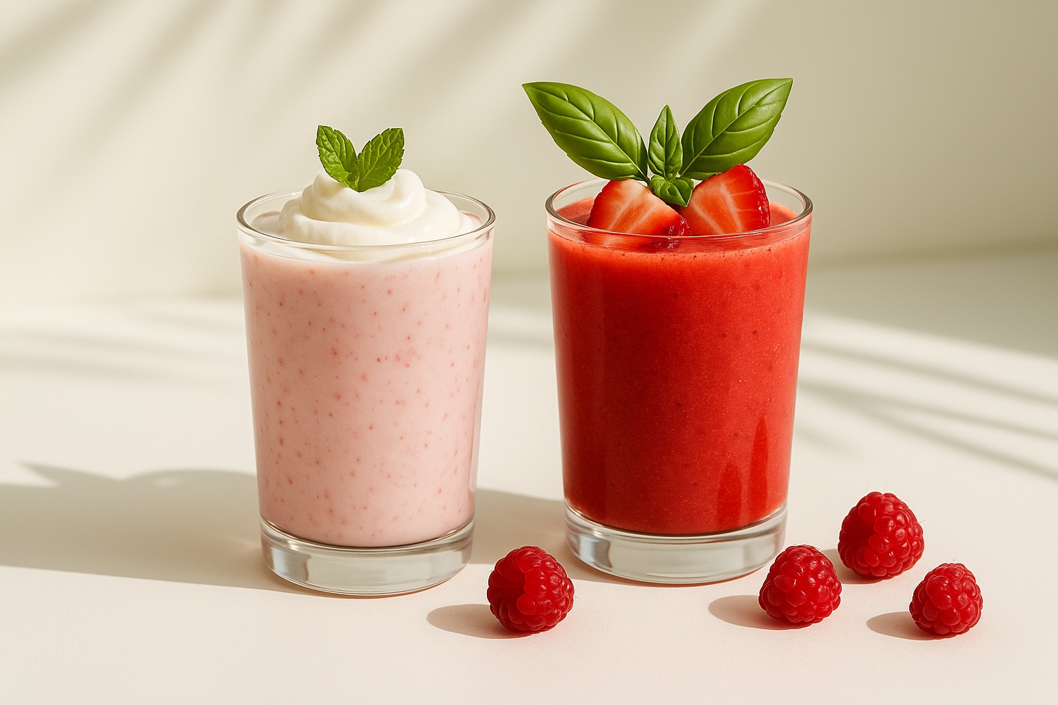 Two tall glasses of strawberry jam-based drinks—one creamy pink milkshake topped with whipped cream and mint, the other a vibrant red fruit tea with strawberry slices and basil—styled with fresh raspberries on a sunlit white background.