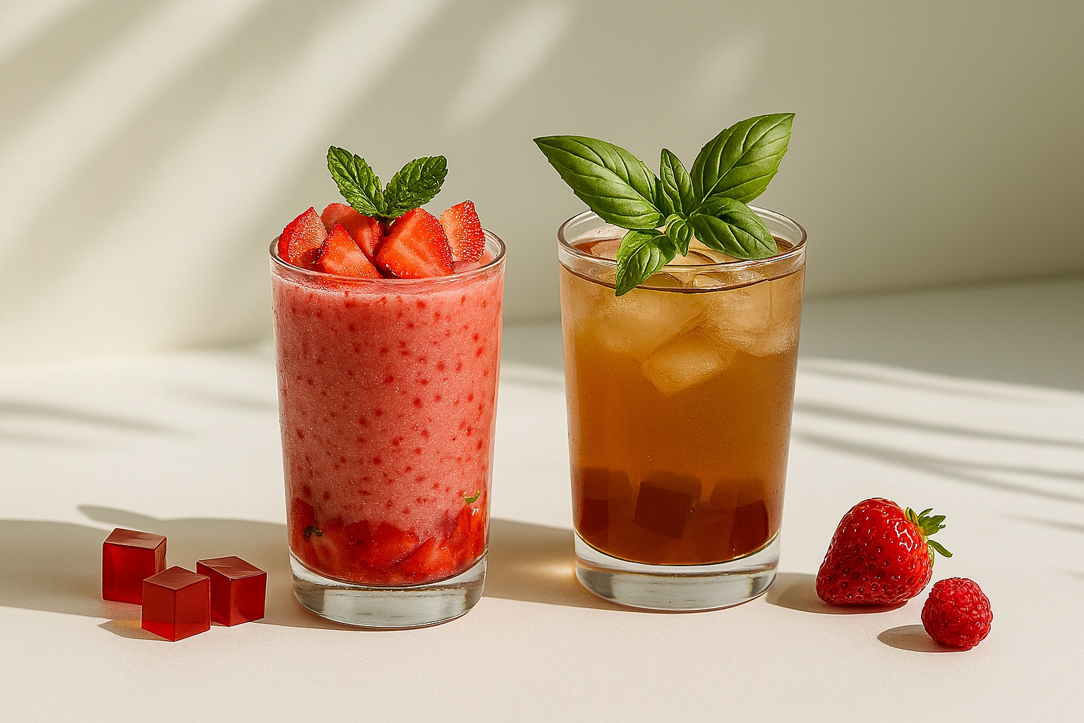 Refreshing strawberry-based drinks featuring strawberry jelly, layered with vibrant fruit garnishes and served in clear glasses under soft daylight.