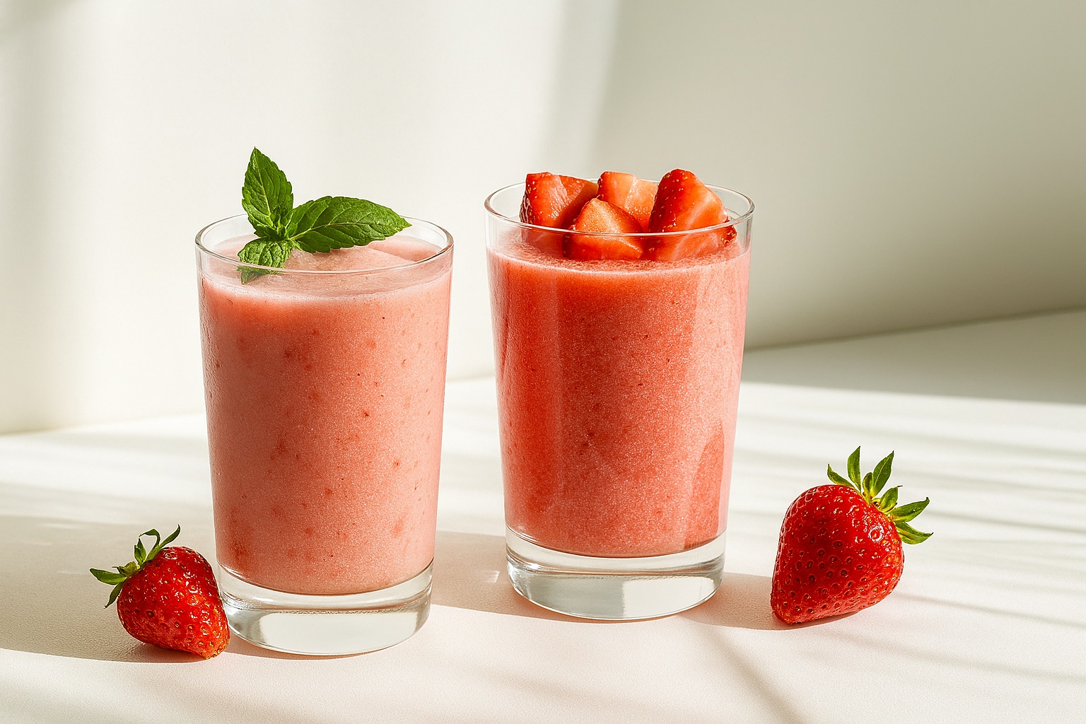 Two strawberry smoothie drinks topped with fresh fruit and herbs, showcasing the vibrant results made using strawberry smoothie powder. Ideal for cafes and bubble tea shops.