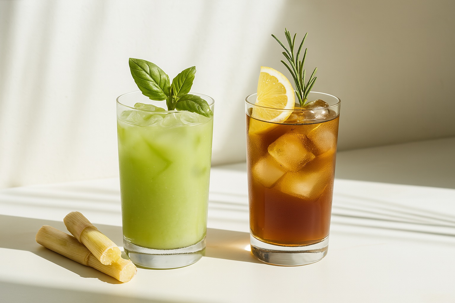 Two refreshing iced beverages made with sugar cane syrup, served in clear glasses with lime slices and mint, ideal for bubble tea and café menus.