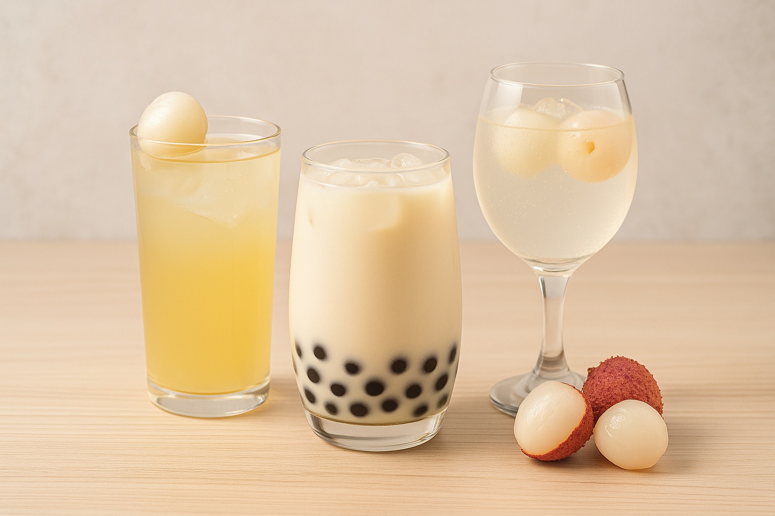 Lychee bubble tea, fruit tea, and sparkling soda made with sugar-free lychee syrup, served in clear glasses with fresh lychees