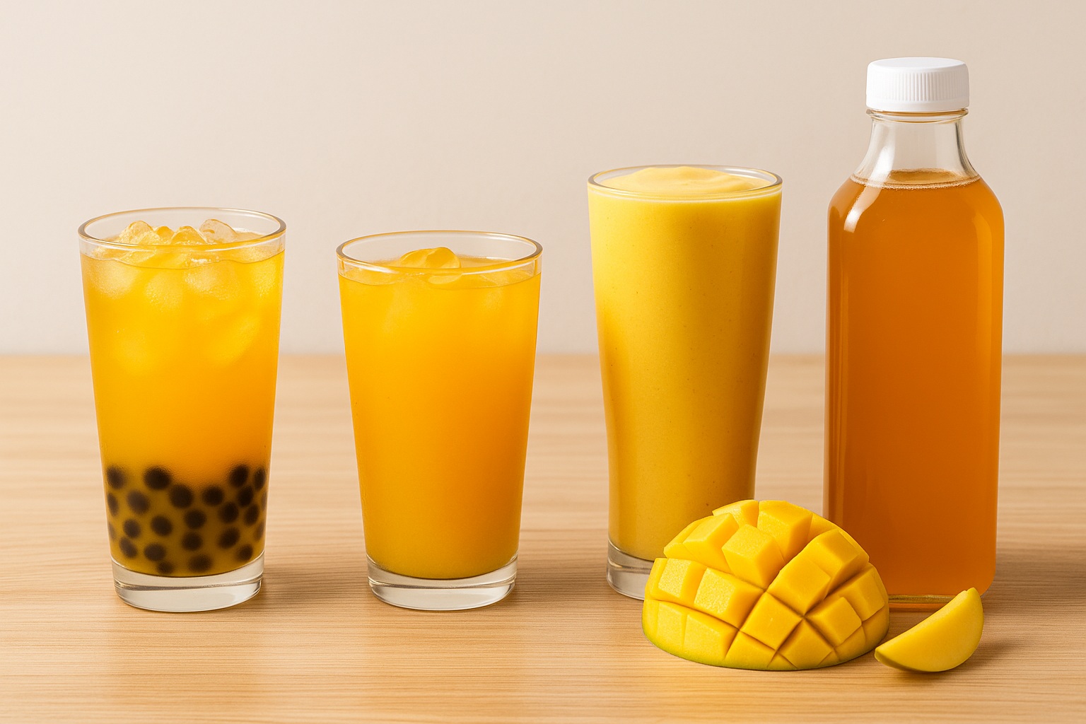Bubble tea, fruit tea, and sparkling soda with vibrant golden color made using sugar-free mango syrup, served in clear glassware with fresh mango pieces