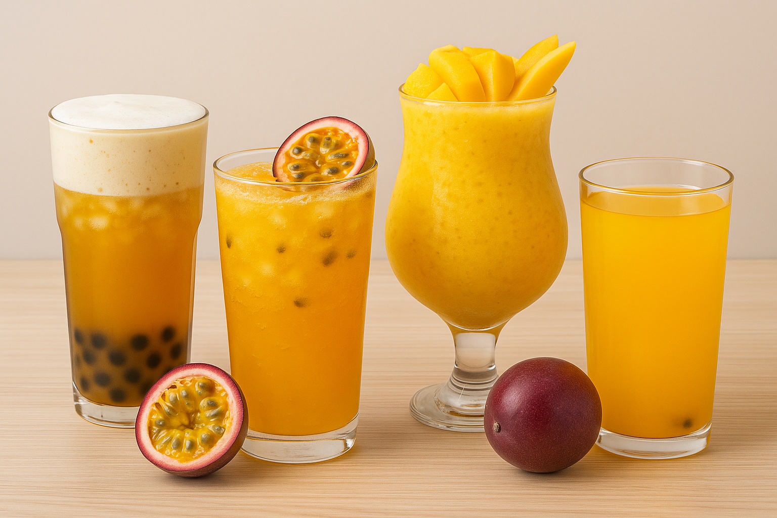 Fruit tea, bubble tea, and sparkling soda with bright golden-yellow color made using sugar-free passion fruit syrup, served in clear glasses with fresh passion fruit