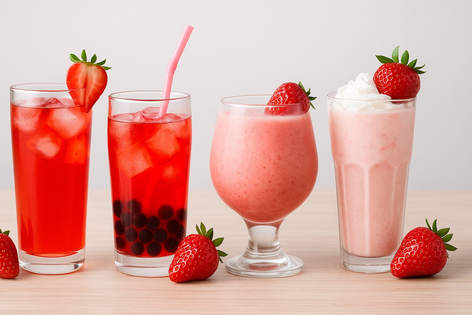 Bubble tea, smoothie, and sparkling soda with vibrant red color made using sugar-free strawberry syrup, served in clear glasses with fresh strawberries