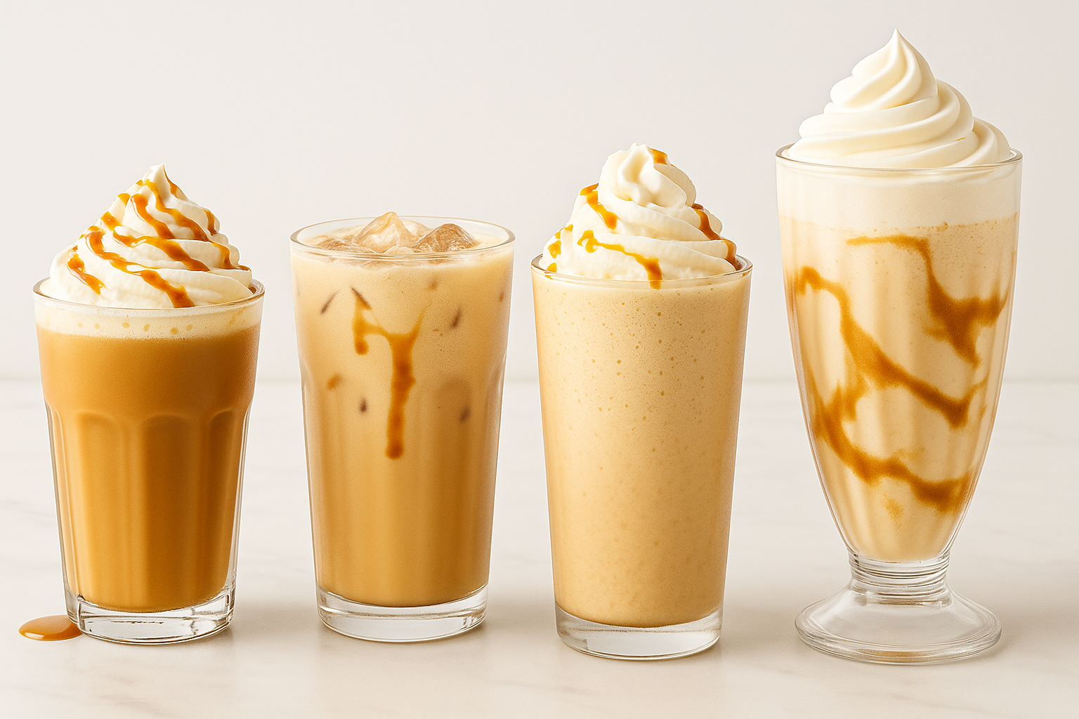 Two toffee caramel drinks—one a creamy toffee caramel latte topped with whipped cream and drizzle, the other an iced toffee caramel milk tea with foam—served in clear glasses on a white background.