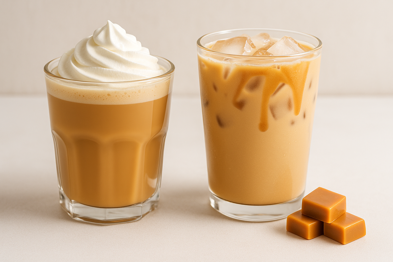 Two toffee drinks in clear glasses—one a toffee latte topped with whipped cream, the other an iced toffee milk tea with caramel drizzle—set on a white surface with soft natural light and toffee candy nearby.