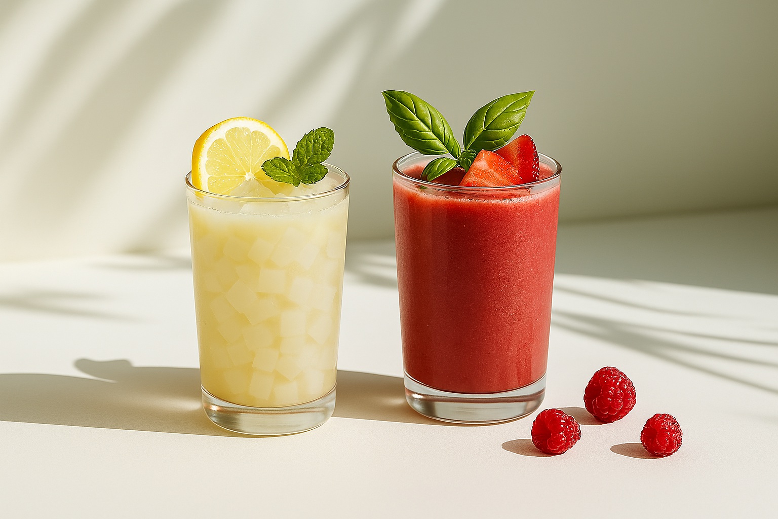 Colorful tropical beverages made with coconut jelly, served in clear glasses with fresh fruit toppings and summer lighting