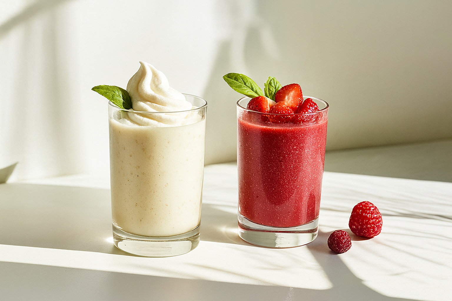 Two smoothies on a sunlit white surface: one creamy vanilla smoothie topped with whipped cream and basil, and one red berry smoothie garnished with strawberries and basil leaves, with raspberries nearby.