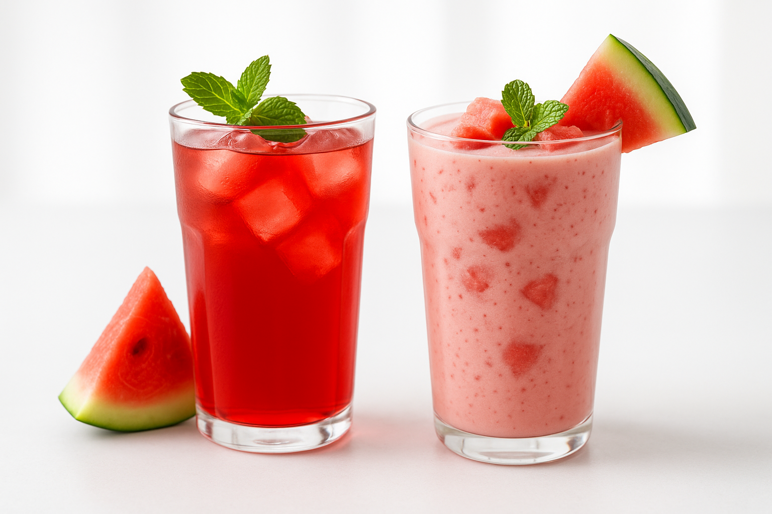 Dos bebidas a base de sandía: un té helado rojo brillante con menta y un batido cremoso de color rosa con trozos de fruta, servidos en vasos transparentes sobre un fondo blanco