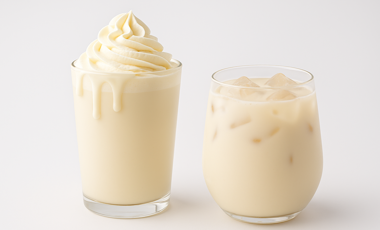 Two white chocolate-based drinks—one a creamy white chocolate latte topped with whipped cream, the other an iced white chocolate milk tea—served in clear glasses on a bright white background.